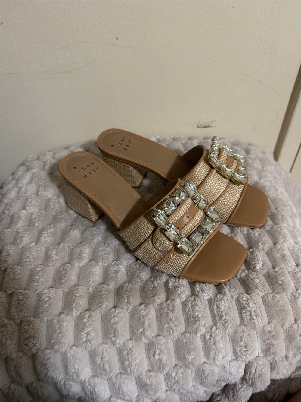 a new day Tan Embellished Slide Sandals with Crystal Buckle